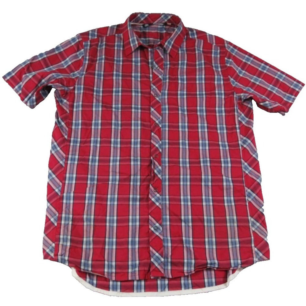 TravisMathew Mens L Red Plaid Short Sleeve Shirt Tech Snap Front Casual Golf EUC